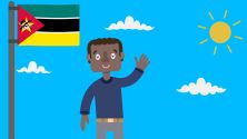 Standbild aus Erklärvideo: Protagonist winkend neben Flagge von Mosambik