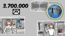 Standbild des Erklärvideos: Protagonistin in 2 Alltagssituationen (Bett und Küche), sowie Illustration 3,7 Mio. eMails pro Sekunde weltweit
