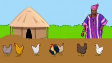 Standbild des Erklärvideos: Afrikanische Dorfhütte mit Bäuerin und freilaufenden Hühnern