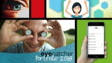 Bildkachel aus eyecatcher-Logo-Bildmarke und 3 Standbildern von eyecatcher-Projekten sowie dem Text 'Portfolio 2018'