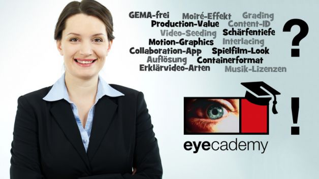 Projektmanagerin lächelt, daneben eine Wordcloud mit Fachbegriffen aus der Medienproduktion und Fragezeichen, darunter das eyecademy-Logo mit Ausrufezeichen