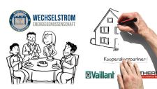 Video-Thumbnail von Erklärvideo: links oben Logo Wechselstrom Energiegenossenschaft mit Illustrationen: 4 Personen am Tisch, Haus wird gezeichnet, Logo Vaillant von Legetrickhand rechts unten platziert
