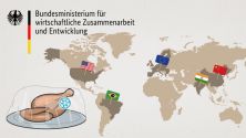 Standbild des Erklärvideos: Weltkarte mit markierten Regionen USA, Brasilien, EU, Indien, VR China und gefrorene Hühnerteile mit Kühlketten-Symbol