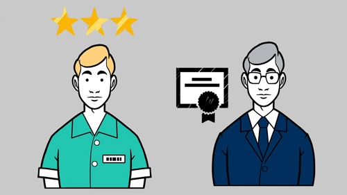 Video-Thumbnail von Erklärvideo: Illustration: links Angestellter mit drei goldenen Sternen über Kopf, rechts Arbeitgeber, dazwischen Urkunde