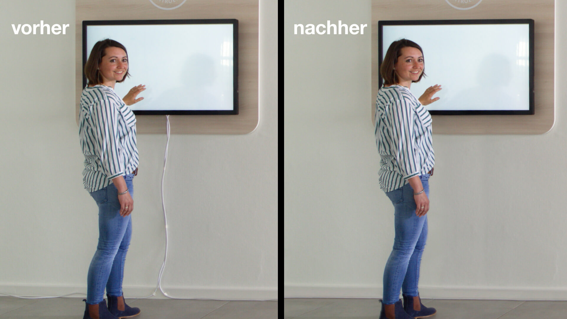 Vorher-Nachher-Standbilder des Präsentationsfilms: Frau vor Monitor - mit und ohne provisorisch verlegter Kabel