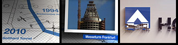 3 Standbilder aus Jubiläumsfilm: Links: Zeitleiste im Bauplan-Stil mit den Abschnitten 1994 und 2010 - Gothard Tunnel, Mitte: Messeturm Frankfurt Bau, Rechts: HOCHTIEF Logo
